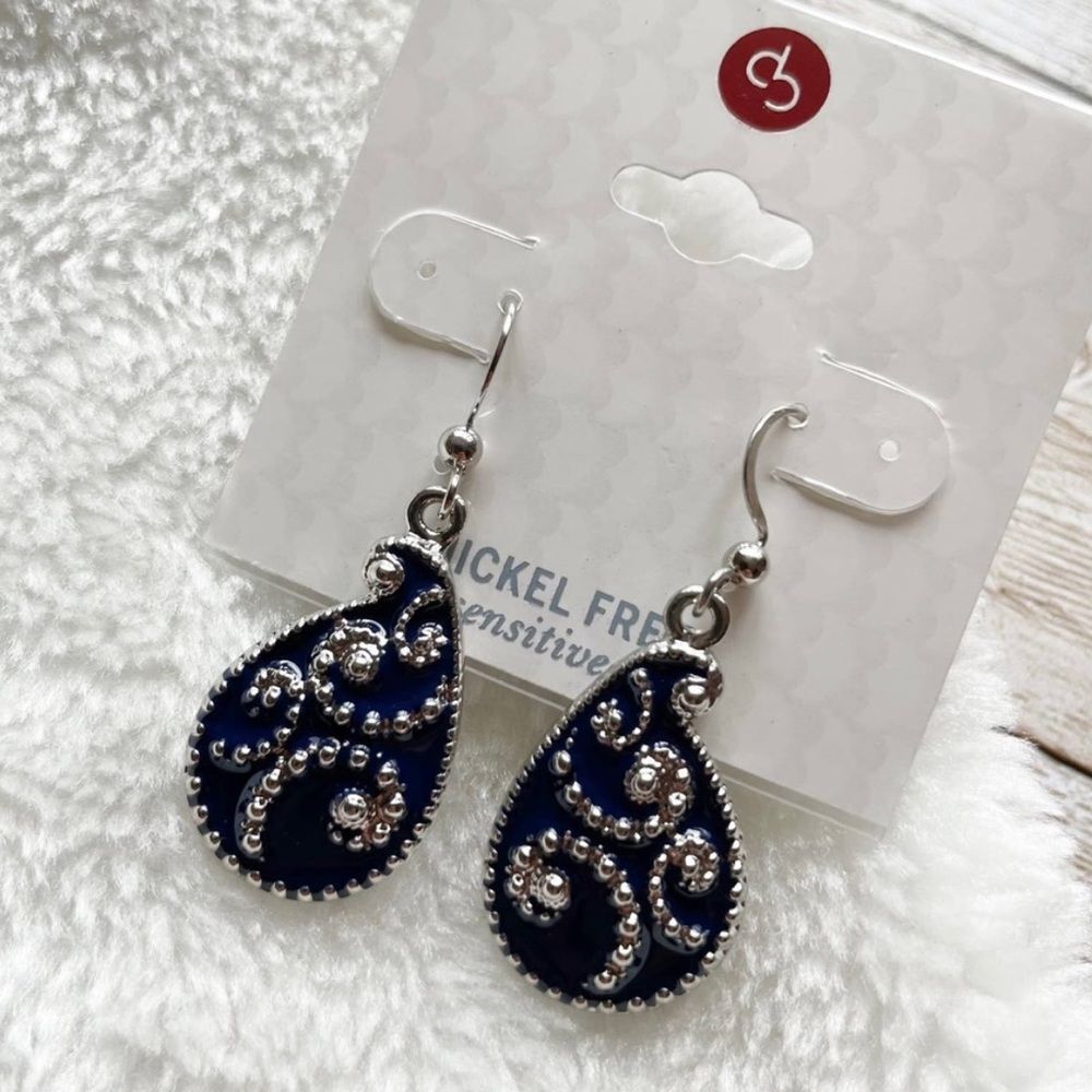 Blue & Silver Tone Teardrop  Earrings
